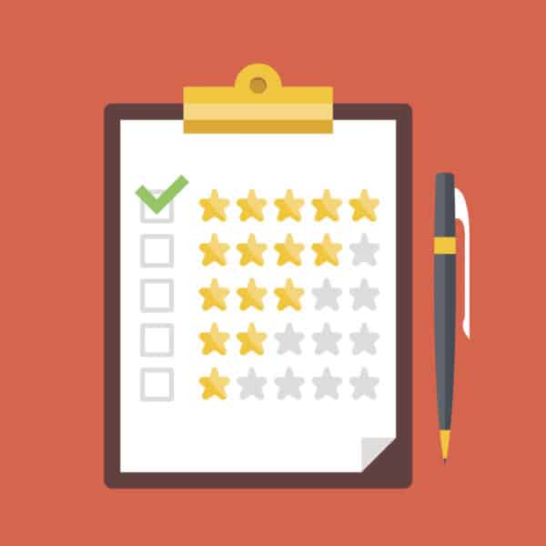 Clipboard, rating stars, pen. Quality control, customers reviews, service rating