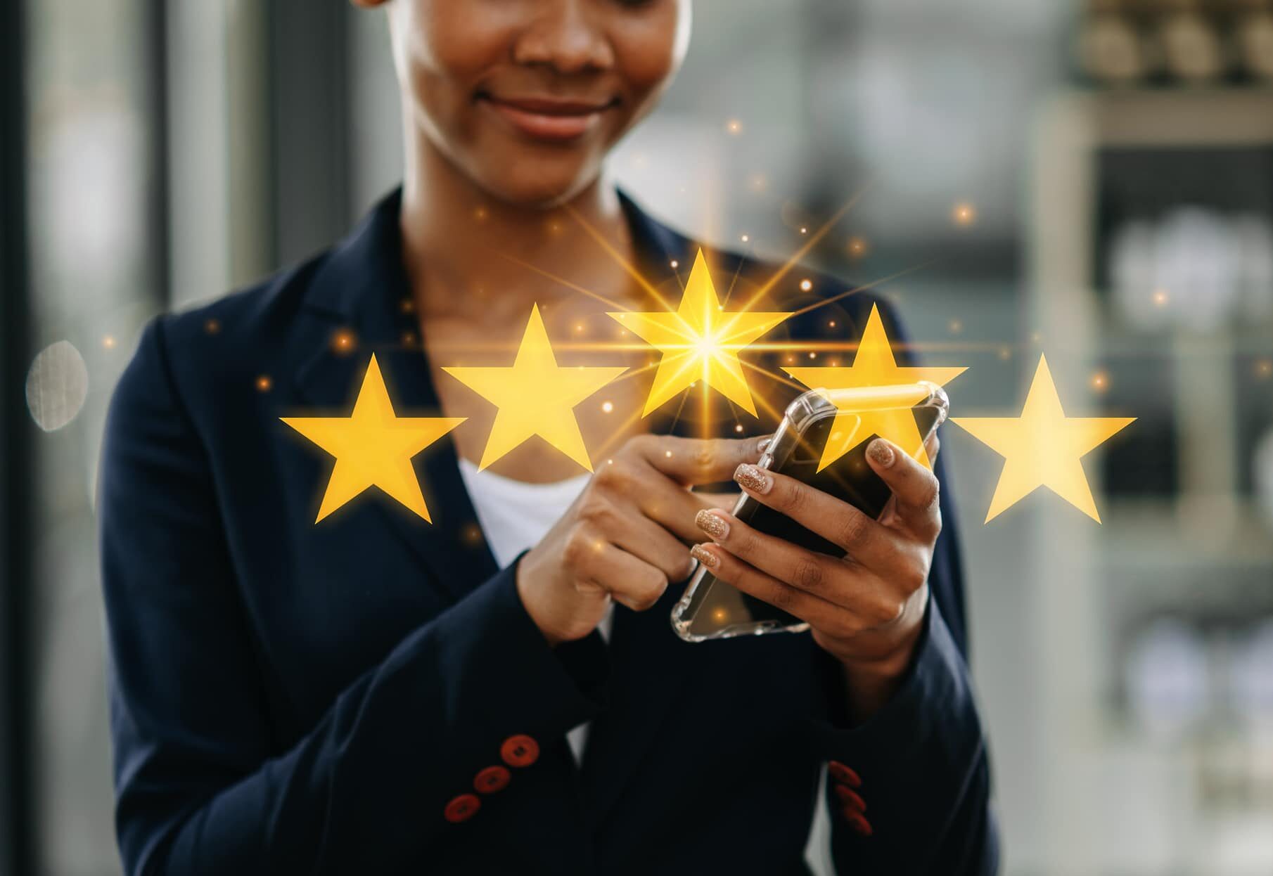 Customer or client giving a five-star online review.